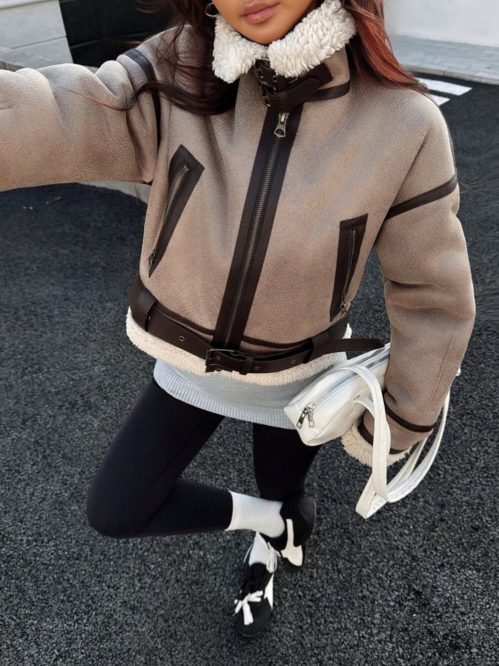 Khaki Casual Women's Faux Fur Lined Moto Jacket Short Coat